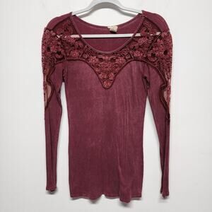 BKE Thermal Lace Neck Shirt Size XS Distressed Maroon Long Sleeve 2000s Y2K